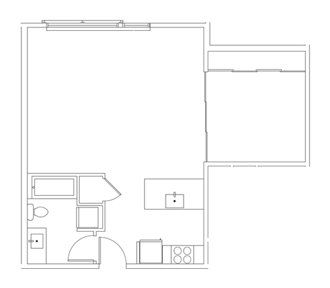 A floor plan of a house with a kitchen, living room, and two bedrooms.